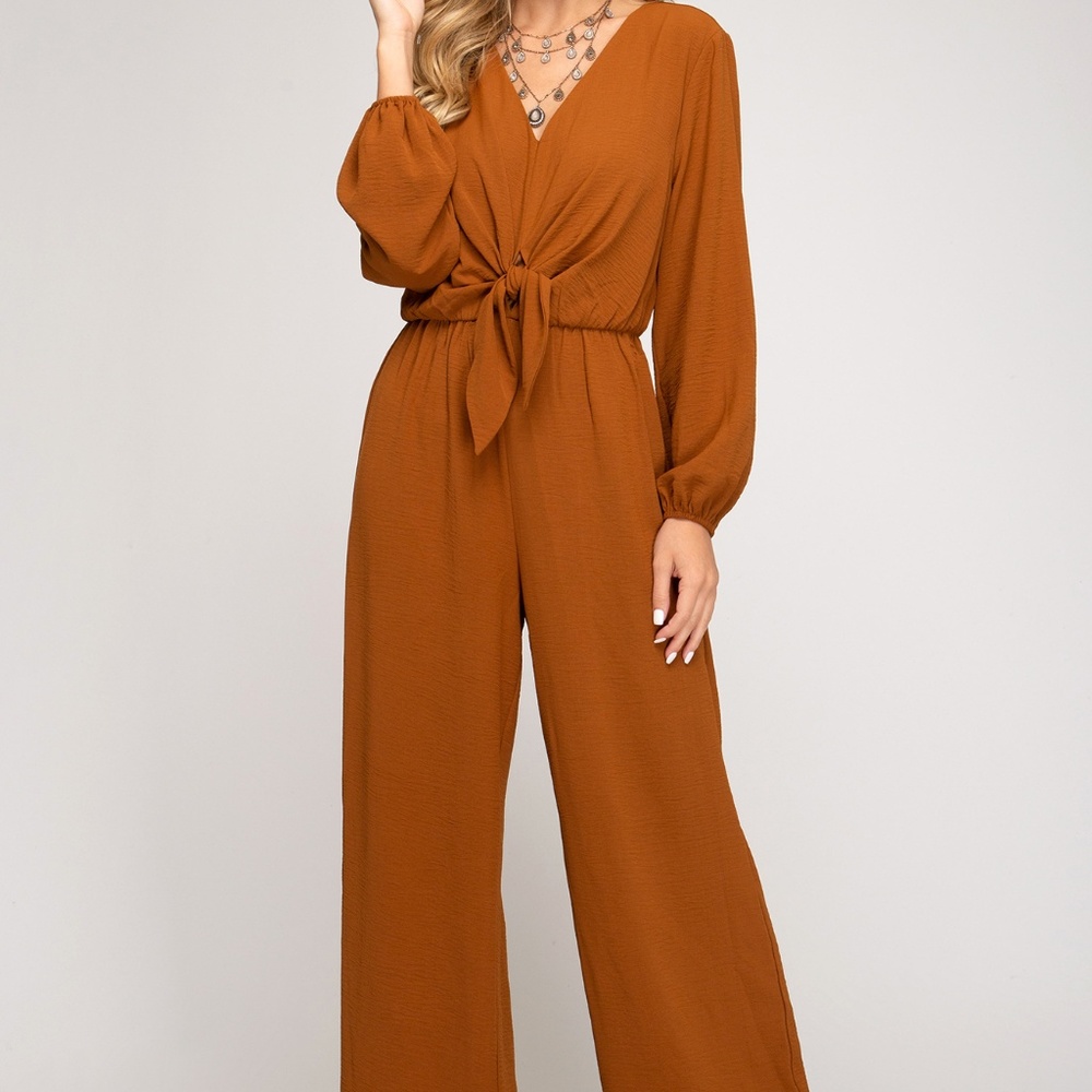 Wide leg jumpsuit with front tie (CARAMEL)
